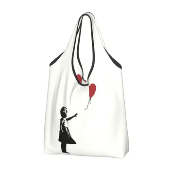 Момиче с въздушно топка с кавайным принтом, чанти за пазаруване Banksy, Преносима чанта за пазаруване през рамо, Градинска чанта с графити