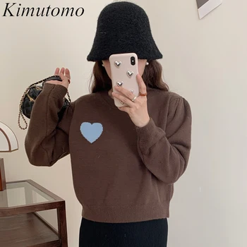 Kimutomo Sweet, без контрастен женски пуловер с бродерия, нежни О-образно деколте, буйни ръкави, лесен универсален вязаный пуловер Ins