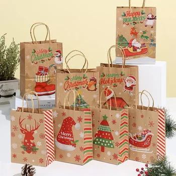 Коледен подаръчен пакет, с дръжки, торбички от Крафт-хартия, Дядо Коледа, снежен човек 2023, Коледно парти, опаковка на шоколади, бисквити, подарък пакет за декор