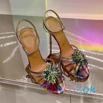 Секси кристални цветя Наклон цвят Сандали с кухи колан Летни дамски официални обувки с змеиным модел и ключалката на щиколотке с отворени пръсти